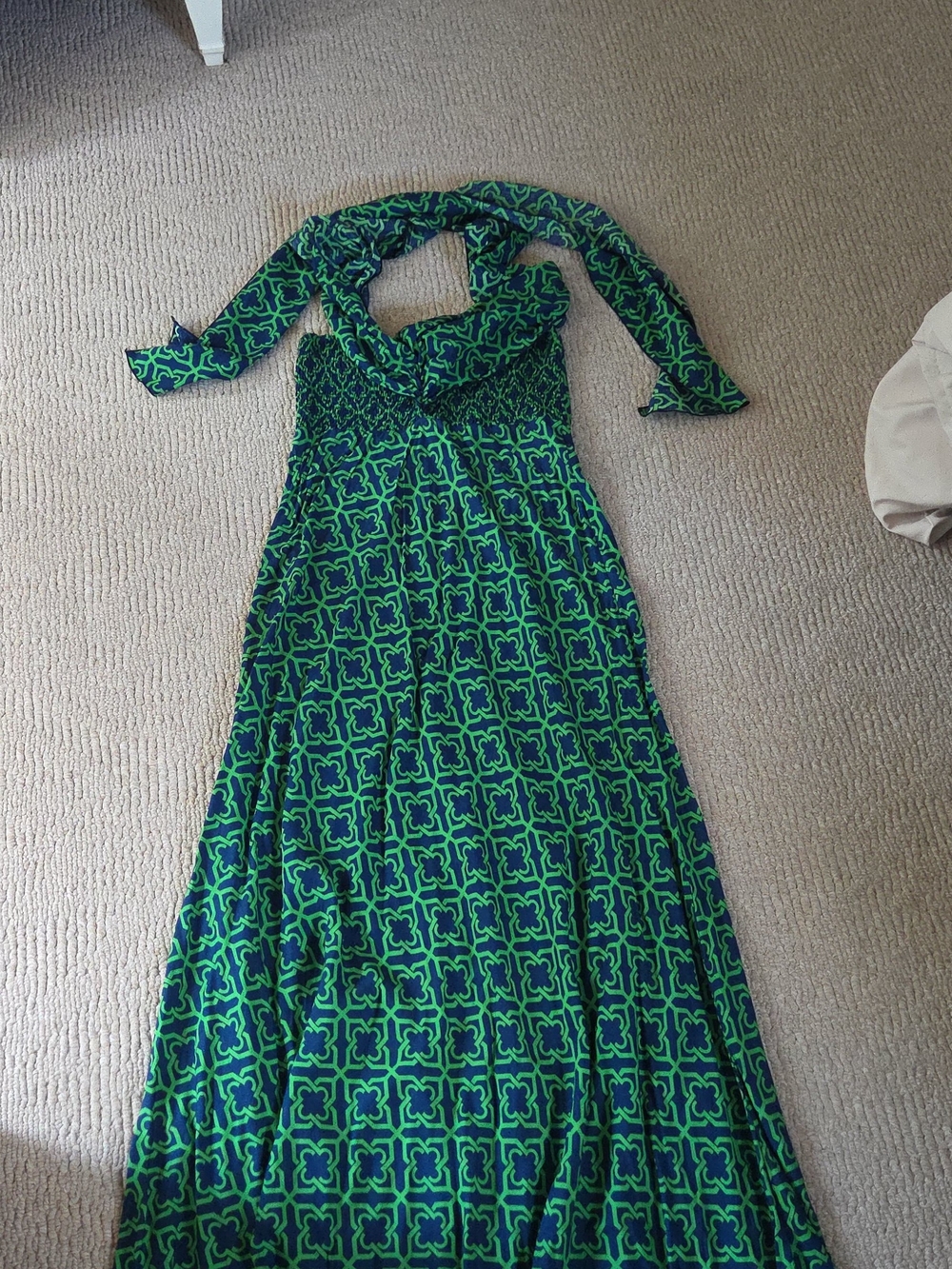 escapada Green and Navy Strapless Geometric Maxi Dress